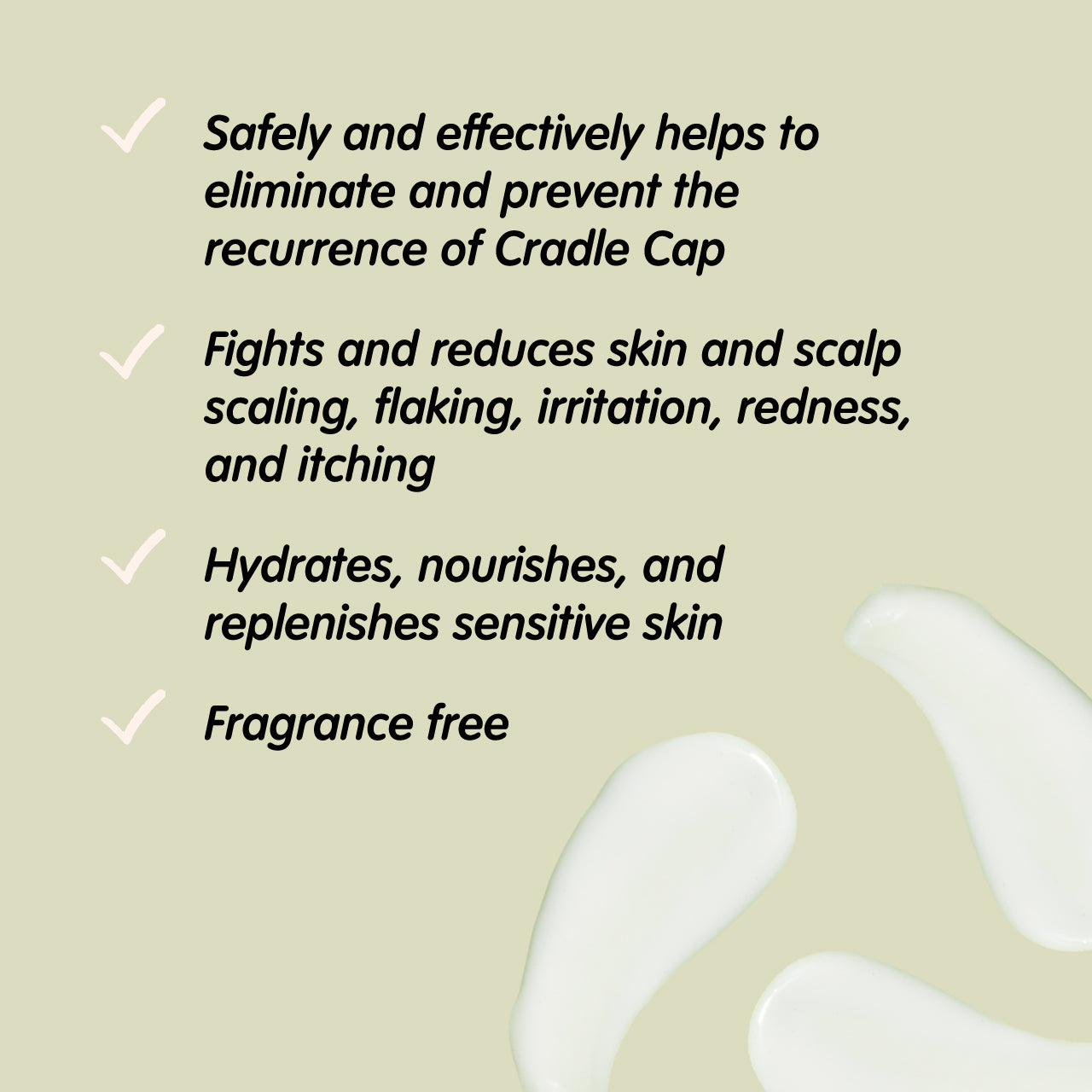 Text describing the benefits of a product for cradle cap on a beige background with a white cradle cap texture.